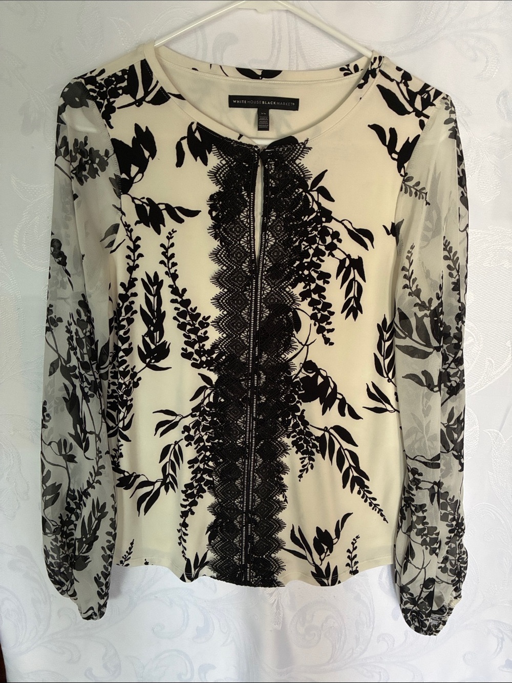 White House Black Market Black and White Lace-Trim Floral Blouse